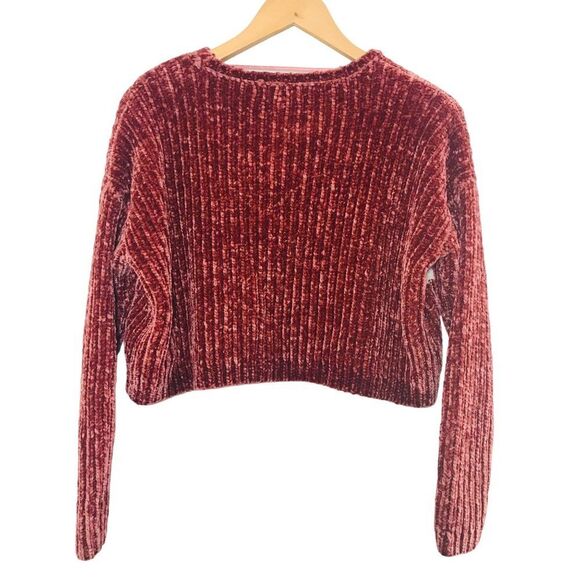 LA Hearts Cropped Striped Chenille Pullover Sweater Small Red White Cozy Fall - Picture 3 of 7